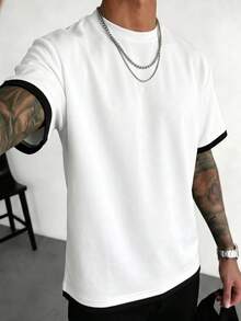 Camiseta de verano versátil y de moda para hombres, diseño de 2 en 1 con contraste de colores, cuello redondo regular, tela de punto transpirable, adecuada para uso diario - Blanco - Ver 3