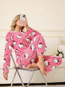 SANRIO 两件套可爱柔软毛绒睡衣，卡通印花加厚绒里长裤+上衣，白色/粉色/黑色/酒红色可选，保暖休闲家居服套装，适合春、秋、冬三季穿着，卡通动漫图案，时尚派对礼物，适合送给朋友、女朋友、情侣，也适合返校、感恩节、新年等节日礼物。 - 粉色 - 查看 2