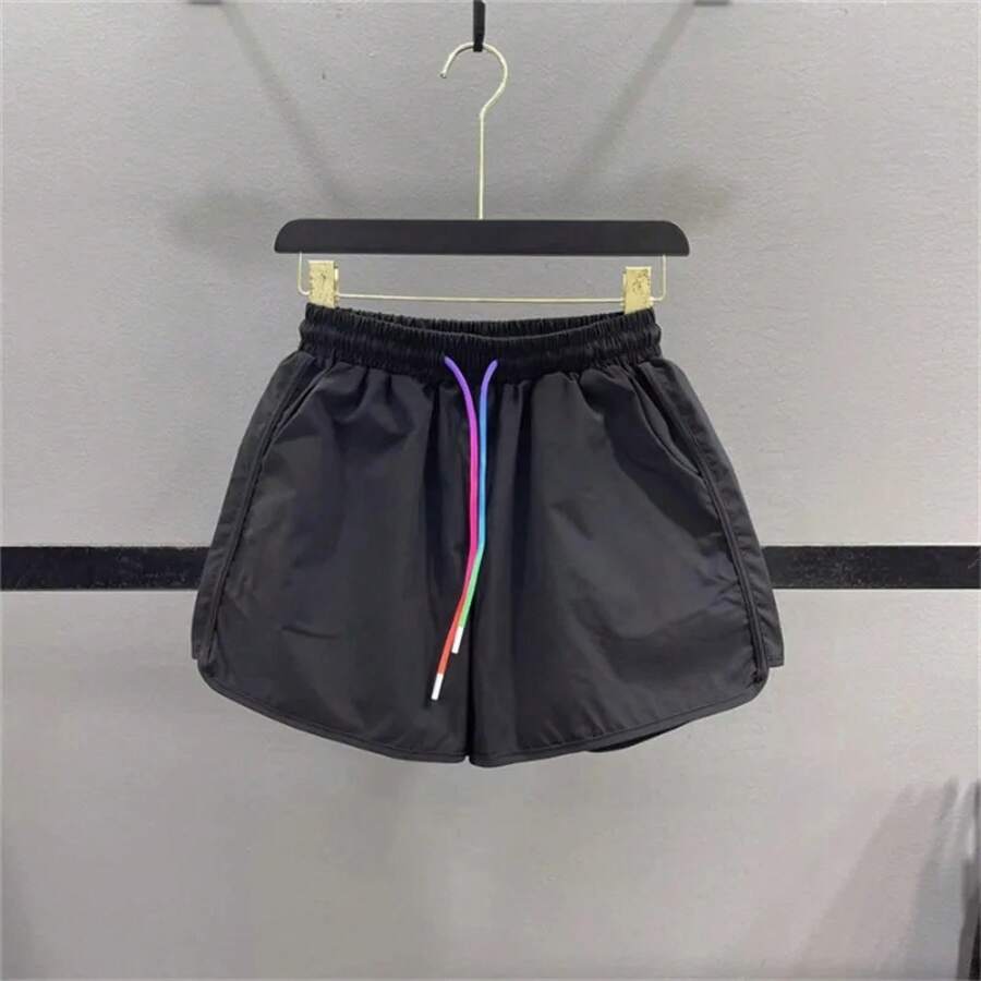 Pantalones Cortos Deportivos de Secado Rápido para Mujer, Estilo Coreano, de Verano, Finos, con Cordón, de Pierna Ancha y Aju... - Negro [estilo normal] - Ver 1