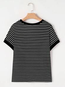 Acelitt Striped Contrast Color Short Sleeve Knit Casual Crew Neck T-Shirt, Summer Black - Black - View 5