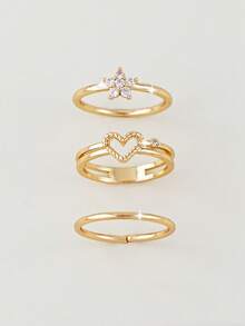 3pcs Elegant Cubic Zirconia Heart & Flower Rings Set, Suitable For Women's Daily, Date, Party Matching - Yellow Gold - View 3