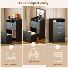 HNEBC 3-In-1 Vanity Desk With Flip Mirror, Makeup Vanity With Drawers & Stool, Compact Vanity Desk For Bedroom, Multi-Function Dresser For Women, Girls - 黑色 - 查看 6