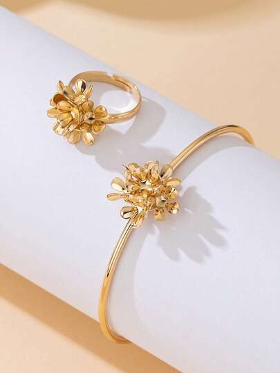 1 Set Luxury Delicate Gold Metal Floral Ring & Bracelet Jewelry Set For Women