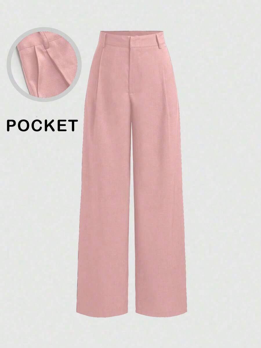 Pantalones de diseño minimalista Vela Rue con cierre de gancho y cremallera, pantalones anchos de pierna semi transparentes y ligeros de color azul sólido, pantalones anchos de pierna de moda para todas las estaciones de primavera - Rosa - Ver 1