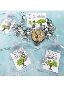 15件套生命树钥匙扣礼盒，包含5张绿色叶子感谢卡、5个白色薄纱袋和5个空心金属钥匙扣，适合毕业、感恩节、教师节、派对、团队奖励、鼓励、周年纪念、圣诞节、新年等场合赠送。 - 彩色 - 查看 3