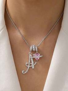 1pc Luxury Personalized Cubic Zirconia Handwritten Letter Pink Heart Pendant Stainless Steel Necklace, Minimalist Letter Name Necklace, Fashion Gift For Girlfriend, Mom, Family, Friend, Daughter, Suitable For Anniversary, Valentine's Day, Mother's Day, Birthday, Graduation, Daily Wear, Wedding, Prom - 金子 - 查看 2
