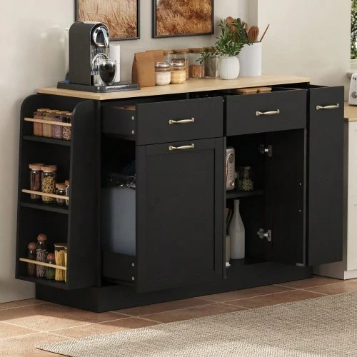 Modern Sideboard With Various Drawers, Buffet Cabinet With Waste Bin Compartment And External Spice Rack For Dining Room, Living Room And Kitchen (Black) - Black - View 1