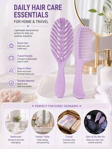 2pcs Oval Hollow Textured Hair Brush Set, Scalp Massage Comb And Wide-Tooth Comb, Anti-Static Wet & Dry Use, Gentle No Pulling, Reduce Breakage And Frizz, Add Volume, Suitable For Curly/Straight/Coarse Hair Women And Girls Daily And Salon Use Portable Brush Set - Multicolor - View 6