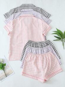 Set de 3 piezas de pijama cómodo y ligero con camisa de manga corta de cuello con botones a cuadros y shorts con lazo, adecuado para uso en casa, primavera/verano - Multicolor - Ver 2