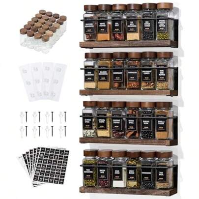 4-Tier Wall Mount Spice Rack Organizer With 24 Glass Jars 216 Labels And Funnel - Screw/Adhesive Mount Black Metal And Wood Spice Storage For Kitchen Pantry Cabinet 11.6"L X 2.4"W X 3.2"H