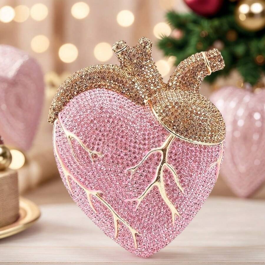 Heart Shaped Diamond Evening Bags Women Gorgeous Metallic Rhinestone Purses Ladies Unique Handbags Wedding Party Women Red Heart Shaped Crystals Evening Bag Wedding Party Diamond Clutch Purse Luxury Rhinestone Handbag Pink Wallet Bags - 粉色 - 查看 1