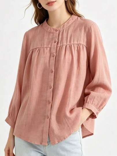 Women's Fashion Stand Collar Button-Up Shirt, Long Sleeve, Regular Length