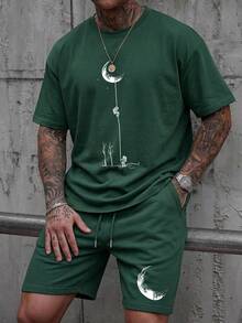 SU ER Men's Printed Round Neck Short Sleeve T-Shirt And Drawstring Shorts Casual Set - Dark Green - View 1