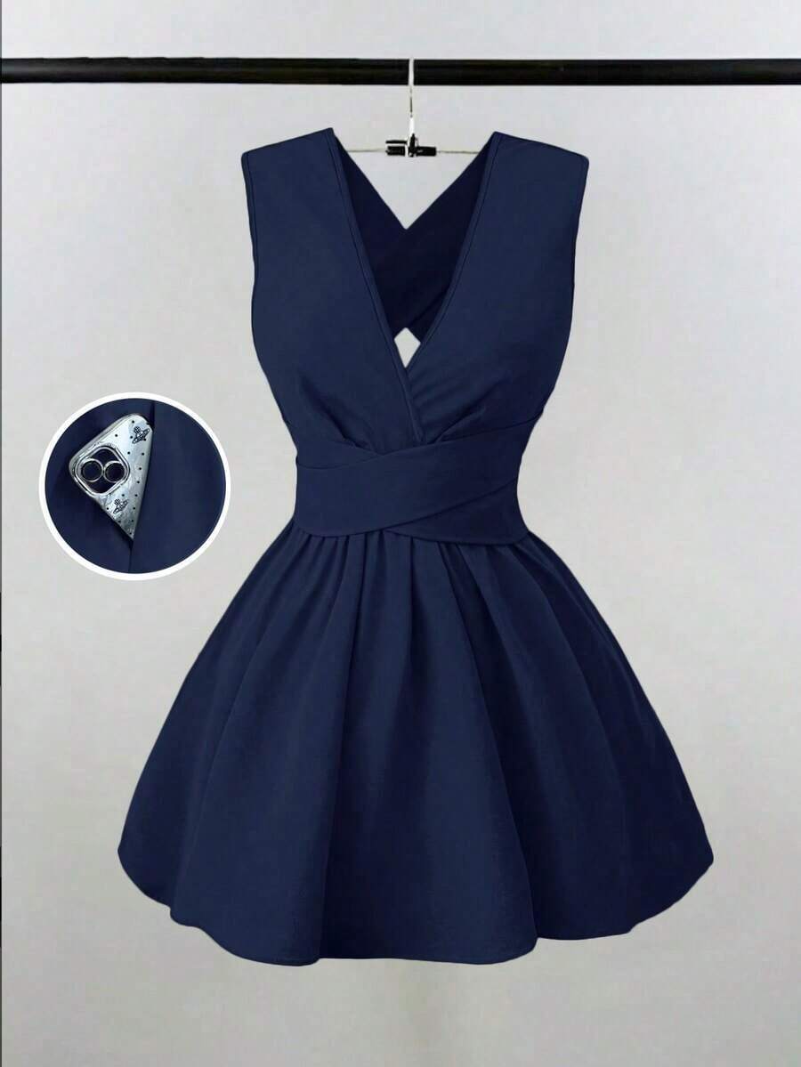 Vestido mini elegante y sexy para invitada de boda con cuello en V cruzado, sin mangas y silueta evasé, diseño versátil para conciertos, playa, fiestas, primavera/verano, con bolsillos, vestido de noche con espalda descubierta, color amarillo mantequilla - Azul marino - Ver 1