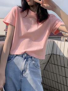 Short Sleeve T-Shirt, Solid Color, New Summer Style, Slim Fit, Versatile Round Neck Top Casual Pink - Pink - View 2