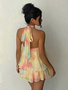 Vestido mini elegante de mujer con cuello halter y lazo en color amarillo claro - Amarillo claro 2 - Ver 2