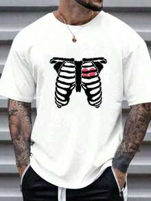 Casual Blouses For Women. Men's Casual T-Shirt With Skeleton Heart Print. Men's T-Shirts. Suitable For Spring, Summer And Autumn. Women's T-Shirts. - 黑色 - 查看 7