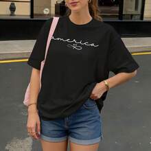 Camiseta Oversize Negra con Estampado America para Mujer Verano Casual - Negro - Ver 3