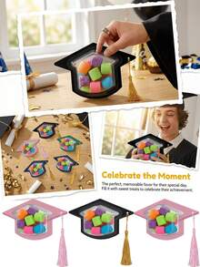 12 Clear Candy Boxes Shaped Like Graduation Caps With Tassels, Perfect For Back-To-School Gifts, Classmate Party Gift Wrapping, Graduation Party Decorations, Gift Boxes, Suitable For Event Decorations, Celebrating Graduation, And Party Favors. - Multicolor - View 7