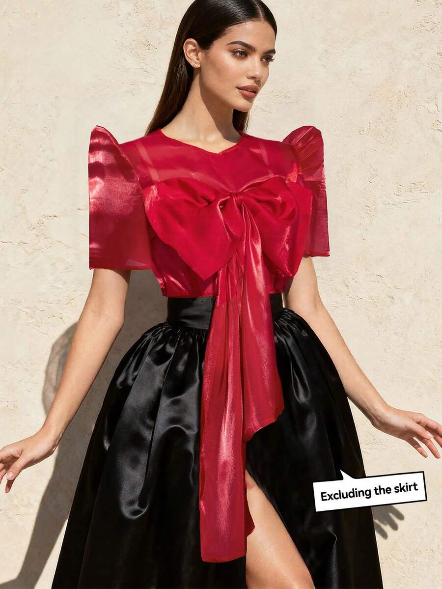 Amyenjoylife 现代菲律宾风情红色花瓣袖浪漫蝴蝶结衬衫 - 紅色 - 查看 1