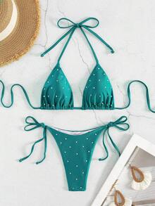 New Arrival European And American Women's Solid Color Rhinestone Halter Split Bikini Set Vacation Beach Summer - Peacock Blue - View 1