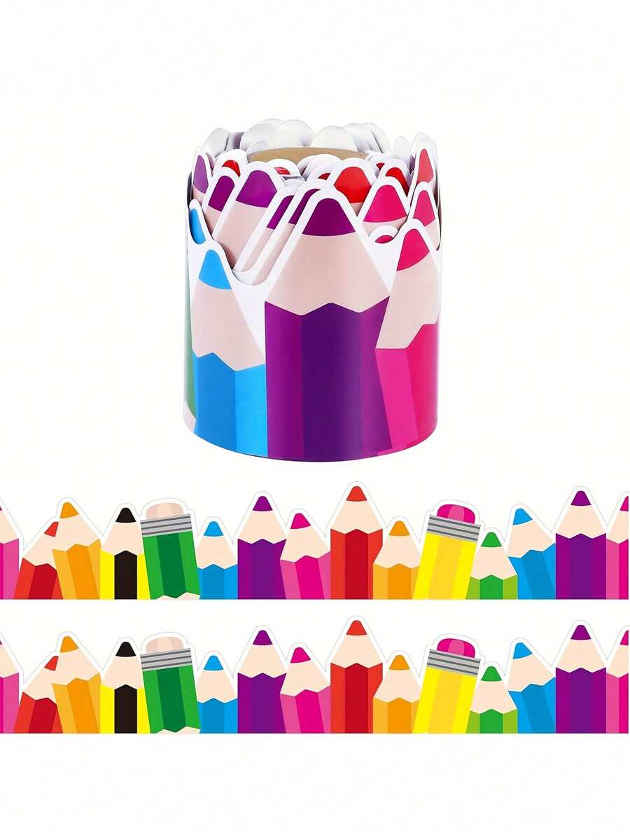 1pc Colorful Pencil Theme Bulletin Board Border Roll - Multicolor Classroom Decor, Back To School Colored Pencil Blackboard Bulletin Board Border Decorative Paper, Suitable For Back To School Season, Pencil Shaped Border Roll For Display Board, Teacher Supplies, Student Workspace, Bulletin Board Decor, And Office - Multicolor - View 1