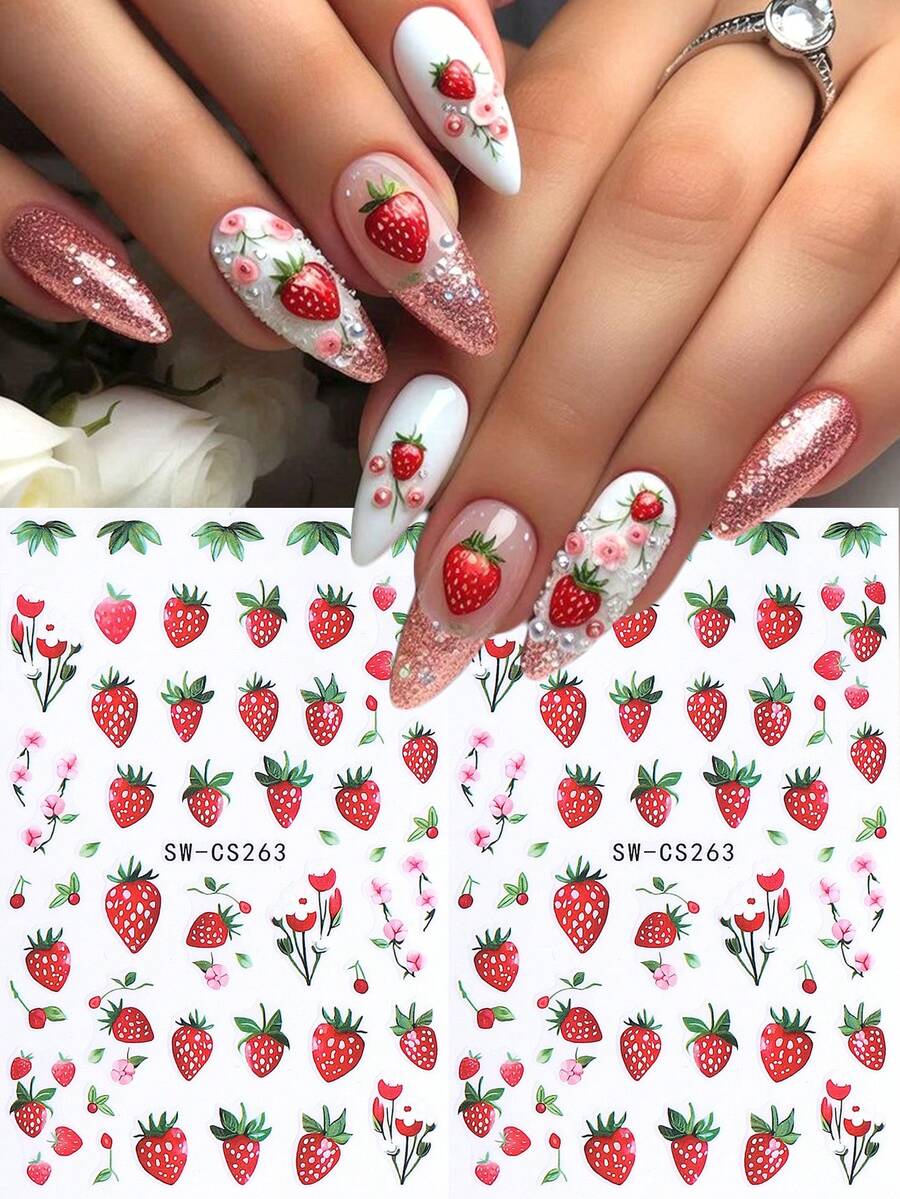 SWEET TREND 3D可愛草莓美甲貼紙2片裝 卡通紅草莓粉色花瓣綠葉設計 DIY Y2K夏季水果時尚自黏凝膠指甲油貼花美甲裝飾 - 彩色 - 查看 1