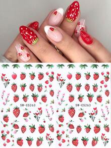 SWEET TREND 3D可愛草莓美甲貼紙2片裝 卡通紅草莓粉色花瓣綠葉設計 DIY Y2K夏季水果時尚自黏凝膠指甲油貼花美甲裝飾 - 彩色 - 查看 2