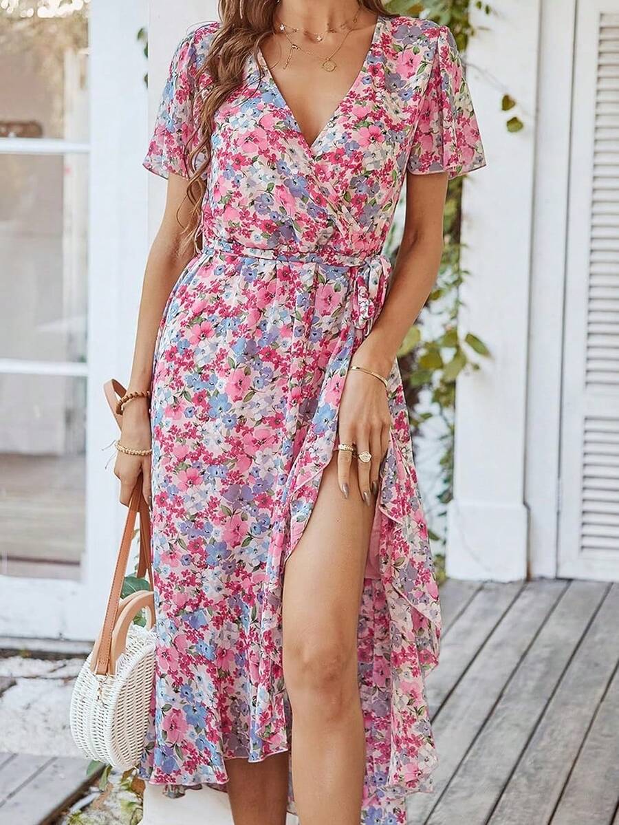 Đầm maxi mùa hè DOUCIU dành cho nữ, họa tiết hoa, phong cách boho, tay ngắn, cổ chữ V, xếp ly, dáng dài thướt tha, thích hợp cho đám cưới hoặc tiệc ngoài. - Hồng - Xem 1