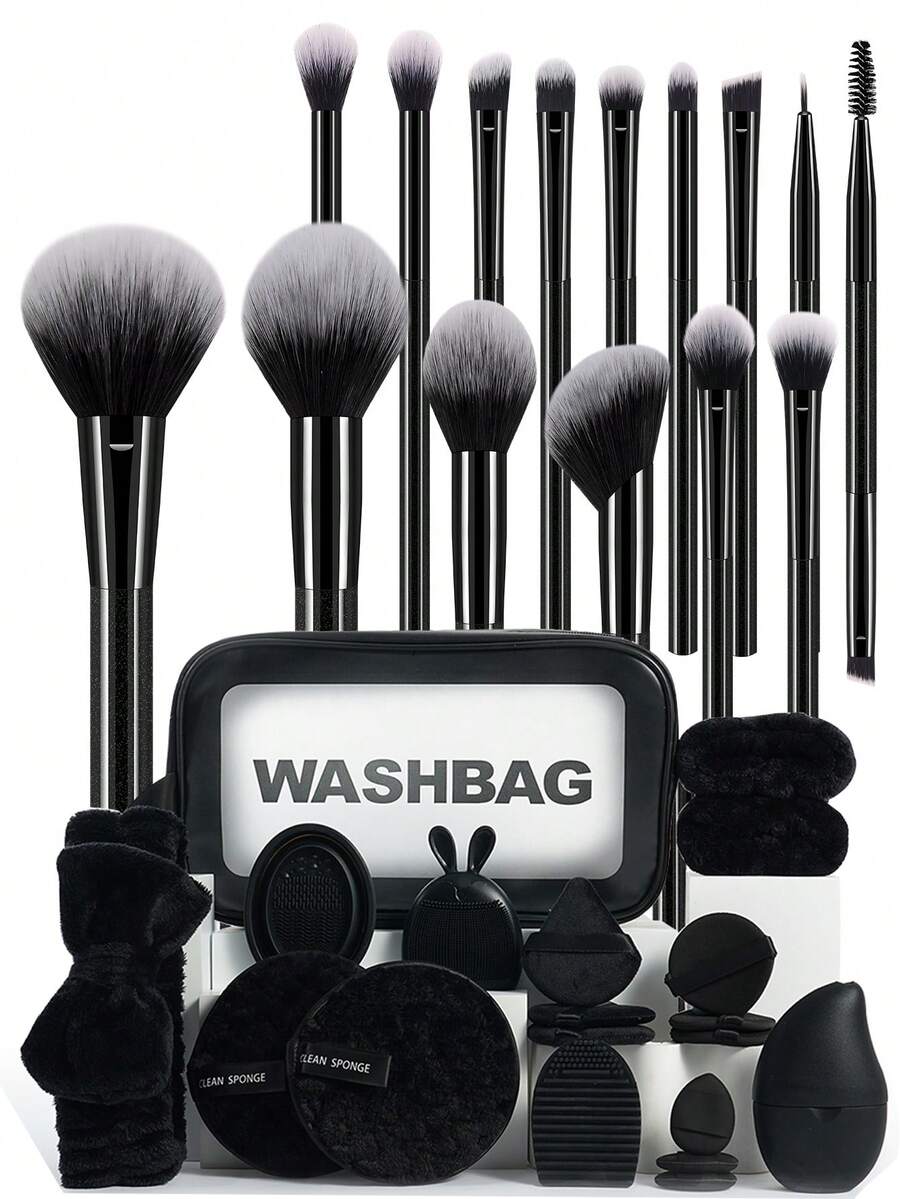 34PCS All-In-One Makeup Tools Set 15PCS Makeup Brushes Waterproof Zipper Cosmetic Bag Triangle Powder Puffs Mini & Regular Air Cushion Puffs Facial Sponges Ice Compress Cleaning Brush Hairband Wrist Straps Brush Cleaners Travel Beauty Gift Kit - Black - View 1