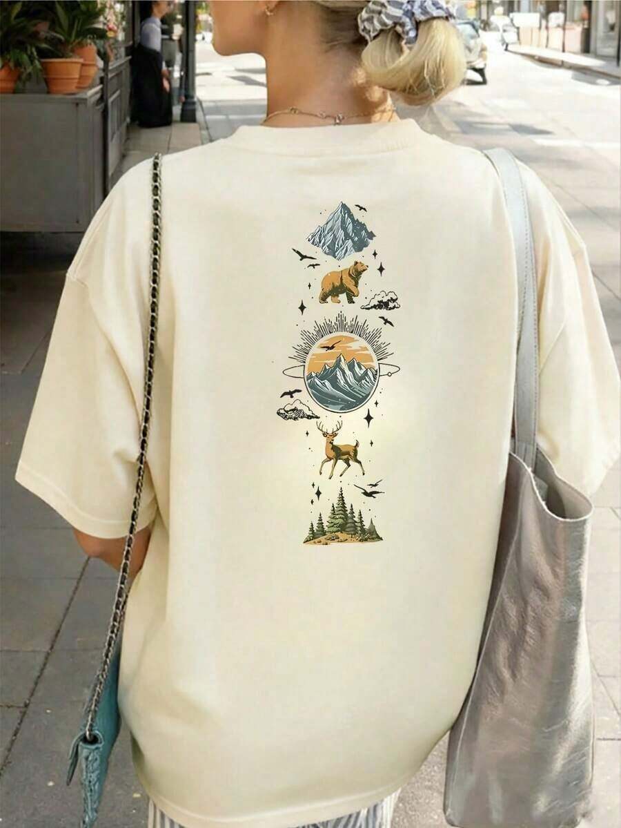 Camiseta Gráfica de Corte Regular para Mujer, Estilo Vintage, para Vacaciones de Verano, Ropa Casual Blanca Fresca de Verano para Mujer - Albaricoque - Ver 1