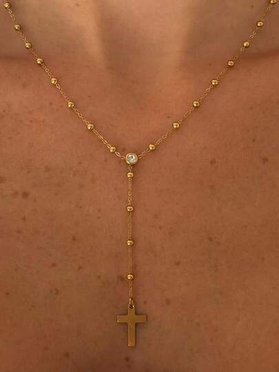 1条欧美时尚个性Y字形长项链，配十字架吊坠，百搭饰品，适合女性日常穿搭及派对/音乐节佩戴。注意：手工制作，链长可定制，珠子数量随机。