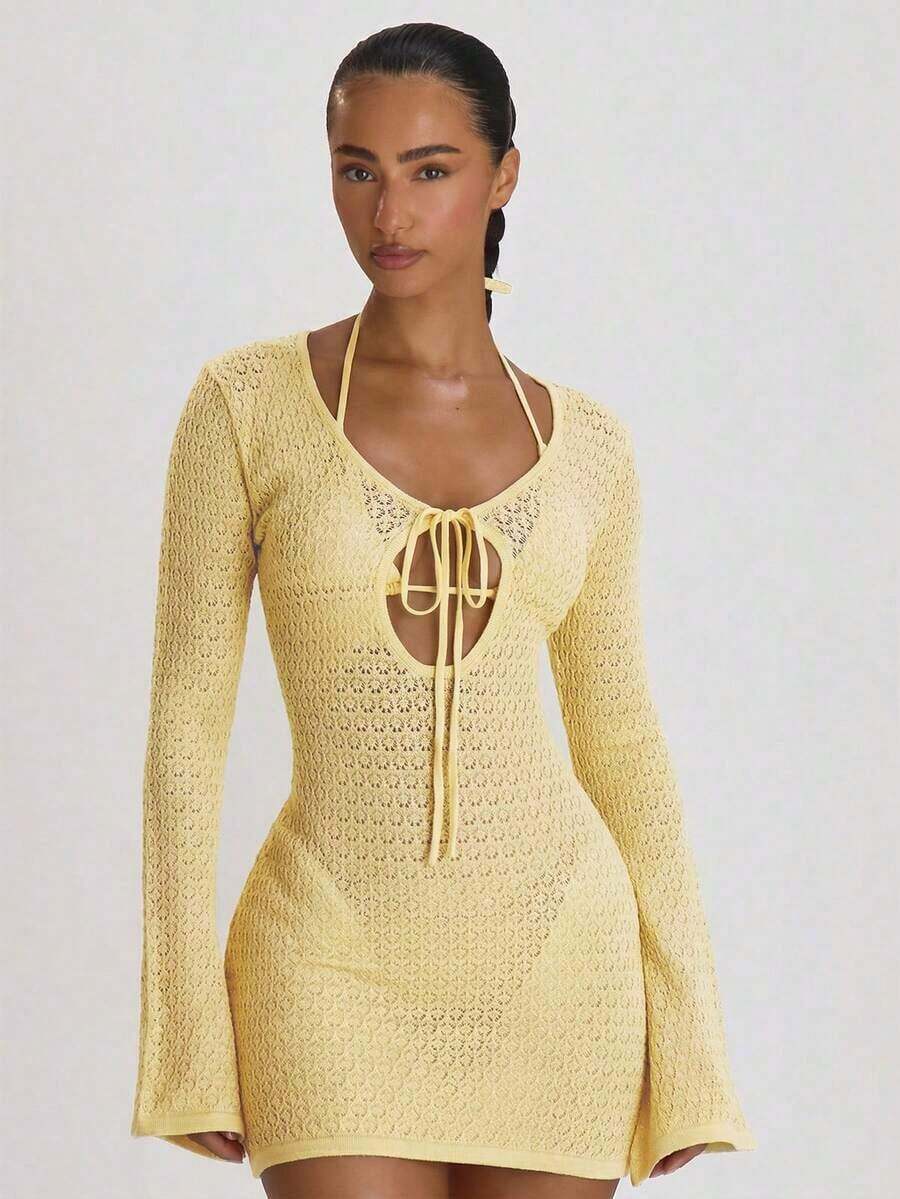 Resort Vestido corto de punto de ganchillo con nudo delantero, ajuste holgado, para cubrir, ideal para vacaciones, verano y viajes a la playa, básico de color sólido para resort - Amarillo claro - Ver 1