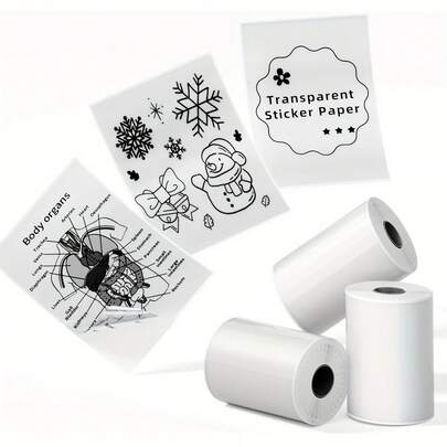 Giấy dán trong suốt cho máy in nhiệt cầm tay Phomemo T02/M02X/M02L - 3 cuộn giấy tự dính, kích thước 53mm x 3.5m, bảo quản được 10 năm, chữ đen trên nền trắng.