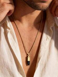 男士简约几何六边形切割黑色玛瑙虎眼石吊坠项链，单件装，黑色、棕色、金色、银色可选。 - 2227 - 查看 2