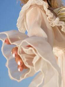 Lace Boho Long Duster Cardigans For Women Sheer Tie Front Ruffle Trim Chiffon Flowy Kimonos Layering Beach Cover Ups - Beige - View 5
