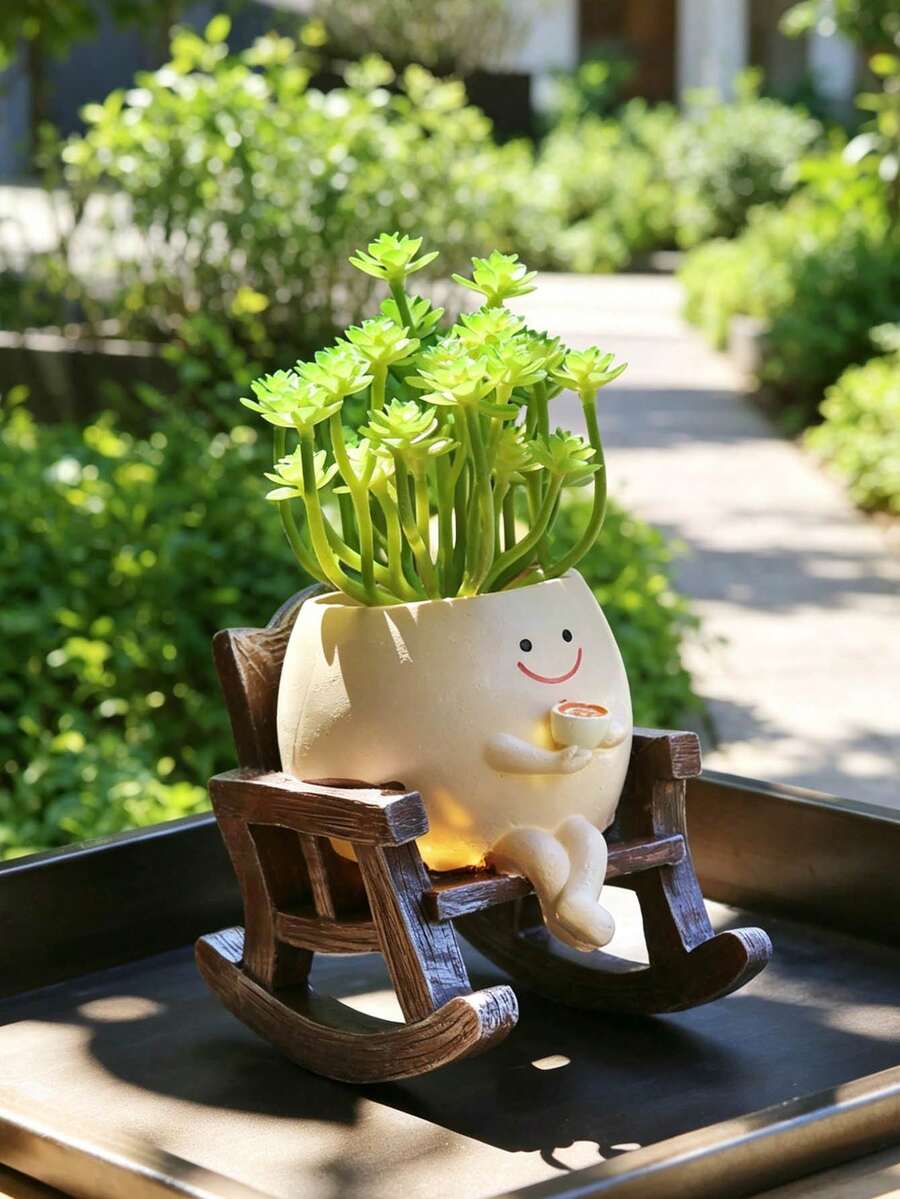 可爱树脂“悠闲咖啡时光”笑脸花盆，适合室内/室外温室架、桌面装饰、小型植物架，是摆放多肉植物的理想之选，也是迷人的家居花园装饰品。 - A - 查看 1