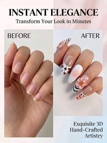 NAILS BASE 10片/組 粉色杏仁形長款法式漸層漸變假指甲，附玫瑰紅花朵，杏仁形甲片，適合辦公場合的中性華麗風，日式手工 P - 彩色 - 查看 5