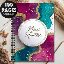 1pc "Merci Maitèse" Spiral Notebook, Featuring Elegant French Style, Vibrant Fluid Art Cover With Shimmering Gold Foil, 100 Pages High Capacity For Work, Study, Daily Planning, Ideal Gift For Graduation, Birthday And More - A - View 5