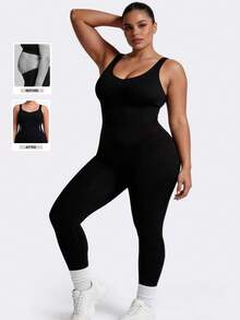 Plus Size Seamless Sleeveless Jumpsuit, Round Neck Vest Style Seamless Abdomen Lifting Solid Black Fitness Yoga Sportswear - Black - View 2