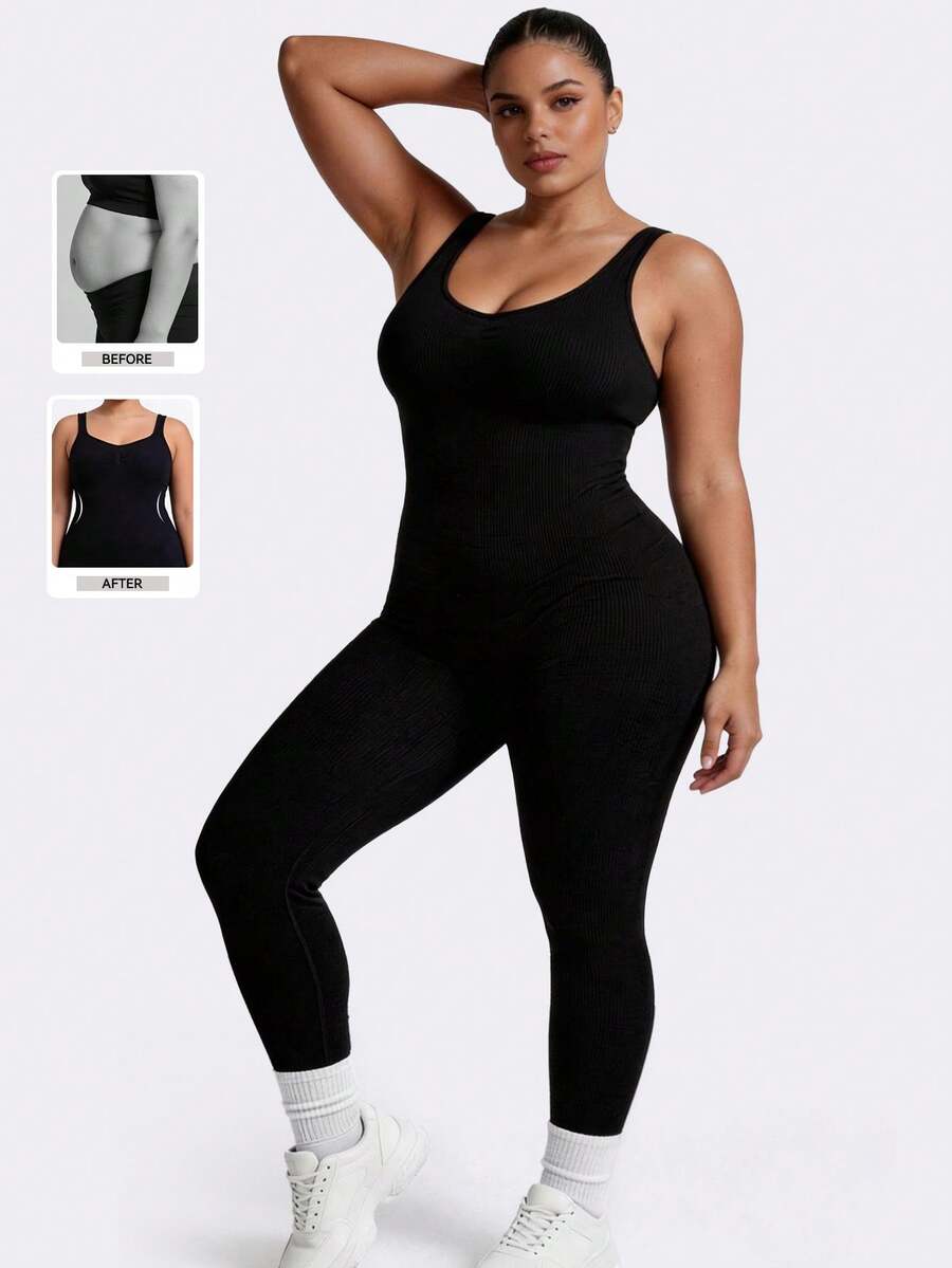 Plus Size Seamless Sleeveless Jumpsuit, Round Neck Vest Style Seamless Abdomen Lifting Solid Black Fitness Yoga Sportswear