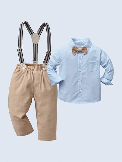 两件套男婴绅士套装，包括长袖衬衫、领结和背带裤，时尚有型，适合生日派对、婚礼、宴会、晚宴等场合。