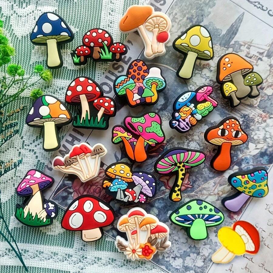 20pcs Mushroom Series, Colorful Mushrooms, Green Mushrooms, Fungus Shoe Decorations, DIY Accessories, High Quality Popular Decorative Items, Bubble Slippers, Sandals, PVC Shoe Decorations, Beach Bag Accessories, Great Gift