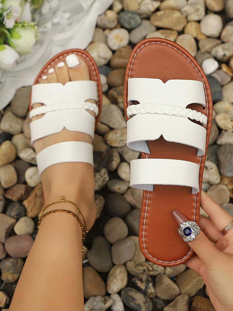 Dép lê đế bằng hở mũi, quai đôi, kiểu dáng thời trang mới mùa xuân/hè dành cho thanh thiếu niên, thoáng khí, chất liệu dệt, trang trí, màu trắng, nâu đậm, nâu, đen.