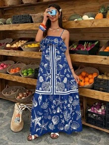 夏季海星印花吊带荷叶边A字休闲度假优雅沙滩连衣裙，适合女士，可用于海滩和旅行 - 彩色 - 查看 6