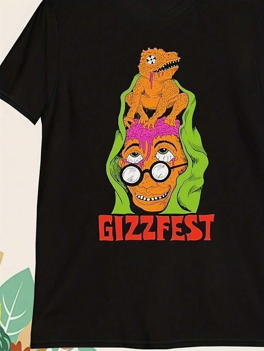 Wizard Gizzfest Graphic Tee - 180G Heavy Black Shirt Featuring A Bright Pink Dinosaur And Wizard Design, Relaxed Fit Short Sleeve Crewneck, Comfortable For All Seasons, Humorous Novelty Print For Themed Events And Everyday Wear - Màu sắc hình ảnh - Xem 1
