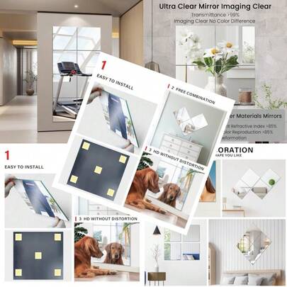 Home Gym Mirrors For Gym 8Pcs 12″*12″ Square HD Glass Full Length Wall Mirror Tiles Self Adhesive Frameless Wall Mirror For Bedroom Living Room Over The Door