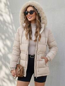 Women's Puffer Jacket With Faux Fur Lining For Winter With Hood - Beis - Ver 5