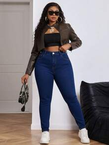 Curvy Size Skinny Jeans In Dark Wash Denim, Medium Stretch - Deep Blue - View 5