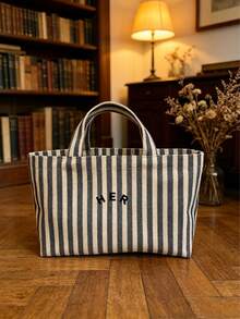 Casual Minimalist Letter Canvas Tote Bag, Striped Pattern Handbag, High Cost-Effective For Outdoor Shopping, Fashion Versatile Suitable For Moms, Students, Office Workers - Grey - View 6